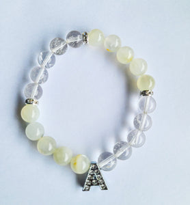 Personalized Letter Moonstone and Clear Quartz Gemstone Bracelet, Custom Initial Charm