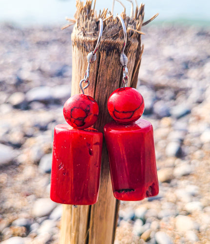 Red Coral and Howlite Earrings